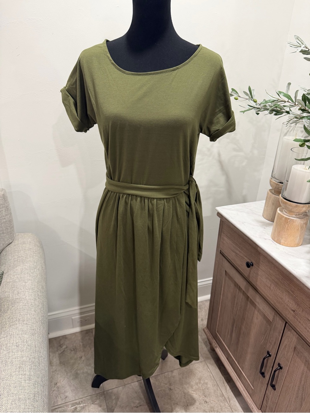 Olive Green Tie-Waist Midi Dress